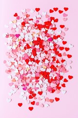 A vibrant background filled with colorful heart-shaped confetti on a pink surface.