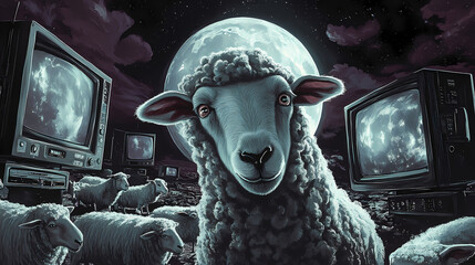Sheep with tv screens, brain addicted to social media, manipulation and mind control by media, disconnected to reality. Moonstream. Illustration