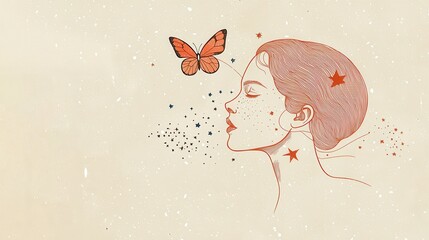 Empowerment illustration featuring woman's face outline, butterfly, and stars on a soft cream background for Women’s Day celebration..