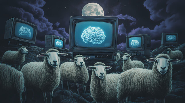 Sheep with tv screens, brain addicted to social media, manipulation and mind control by media, disconnected to reality. Moonstream. Illustration