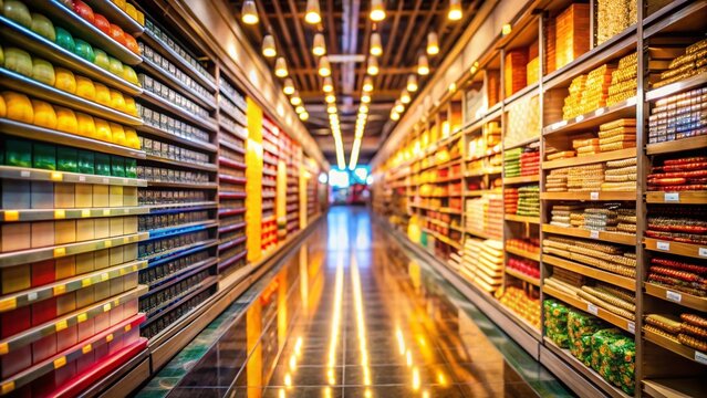 Bokeh Lights: Building Materials on Supermarket Shelves - Stock Photo