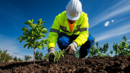 Construction Worker Planting Tree in Field with High Vis Suit and Hard Hat