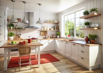 Bright Modern Kitchen Wall Decor with Red Accessories - Daylight Photography