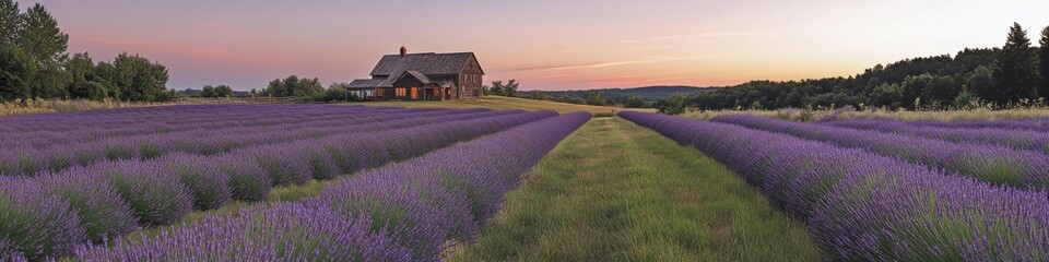 Lavender fields at sunset with rustic farmhouse on countryside horizon