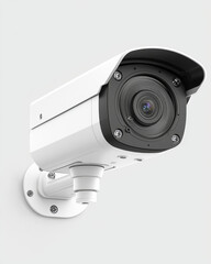 White security camera, wall-mounted, modern design.