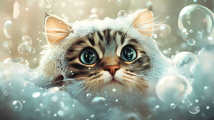 Curious cat in a bubble bath captured up close. Moonstream. Illustration