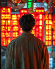 Fototapeta premium Person in muted shirt, back to camera, faces glowing lanterns.