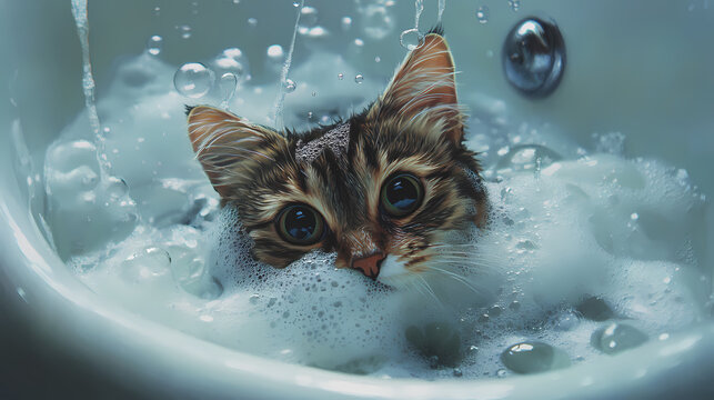 Curious cat in a bubble bath captured up close. Moonstream. Illustration