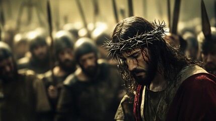 Obraz premium Jesus Christ walks the path to Calvary, burdened by the heavy cross and wearing the crown of thorns, his face etched with pain and sorrow, while the crowd of unbelievers jeers.