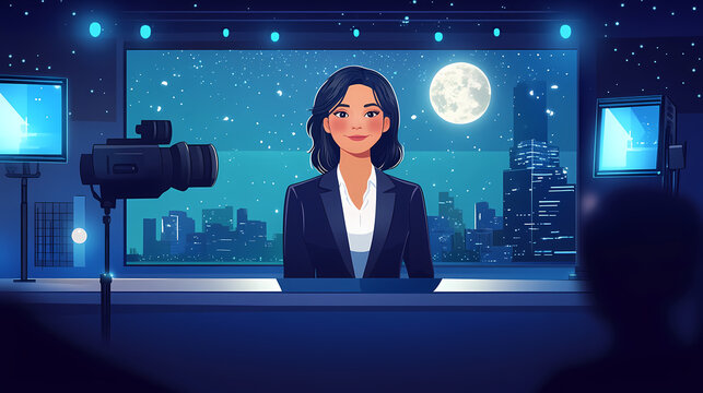 Female tv news anchor presenting news on mainstream local media. concept media reporting, female empowerment, journalism ethics, broadcast professionalism, news anchoring. Moonstream. Illustration