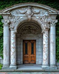 Grand Ornate Archway with Wooden Door.