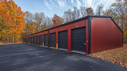 Autumnal storage units: red building, black doors, fall foliage.