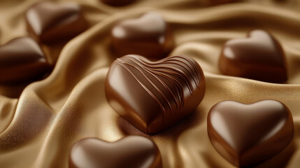 Fototapeta premium Luxurious Chocolate Heart Candies on Golden Fabric: A Sensual Treat