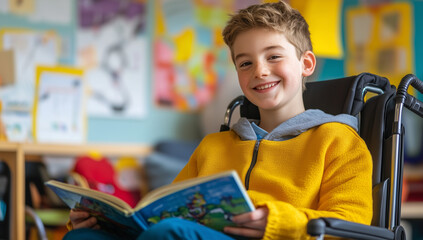 Happy Young Boy in Wheelchair Reading a Book in Colorful Classroom
