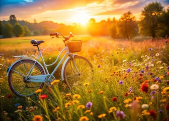 Naklejka premium Candid Photo: Bicycle Amidst Vibrant Flower Fields - Summer Romance