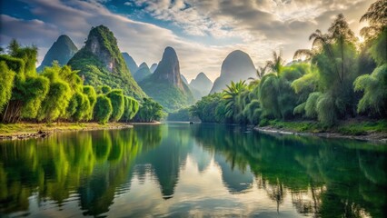 Naklejka premium Candid Shot: Bamboo Groves & Karst Mountains, Li River, Xing Ping, Guilin, China
