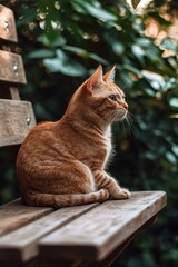 A serene orange cat poses elegantly on a wooden seat outdoors.