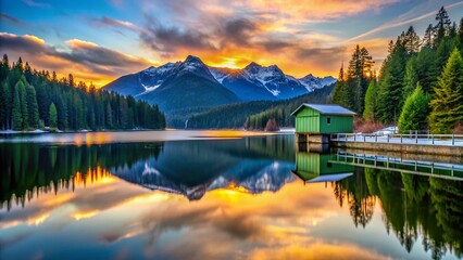 Fototapeta premium Capilano Reservoir: Stunning Silhouette of Dam & Green Building Against Snowy Mountain Reflection