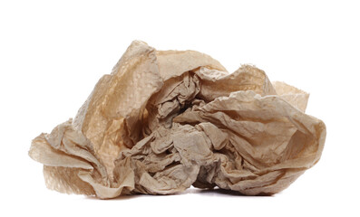 Natural brown paper towel scrap, non-toxic and no dyes, crumpled and wrinkled ball isolated on white