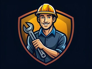 Cartoon Handyman Silhouette Business Card Crest Design - Repairman with Wrench