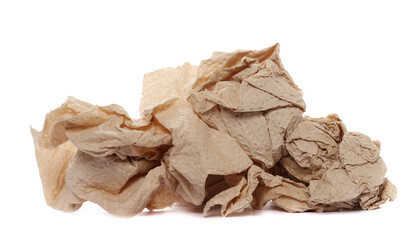 Natural brown paper towel scrap, non-toxic and no dyes, crumpled and wrinkled ball isolated on white