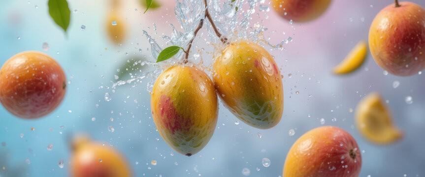 Mango falling with a splash of water and ice, pastel blurred background. Falling fruits concept for restaurants and bars menu
