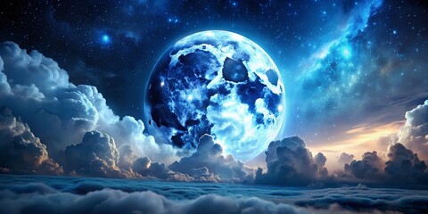 Celestial Blue Moon: Dark Clouds & Cosmic Landscape