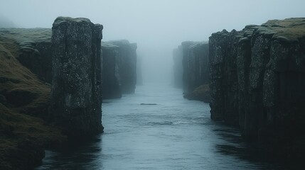 Foggy Iceland gorge river landscape, mist, travel