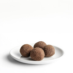 Four Black truffles for gourmet cooking, on a white plate isolated on a white background. 