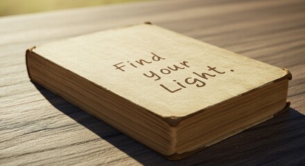 Inspirational Book with 'Find your Light' Text on Wooden Surface. This image conveys a sense of inspiration and motivation, making it ideal for themes related to encouragement, personal growth.