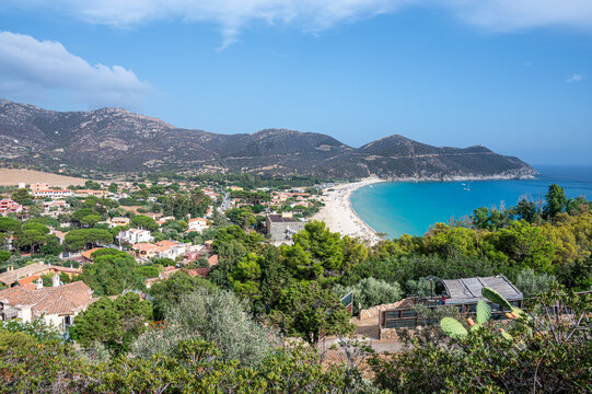 Aerial view of Solanas with its beautiful beach with blue and turquoise water