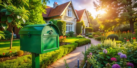 Charming Green Mailbox by Cottage Garden House - Stock Photo