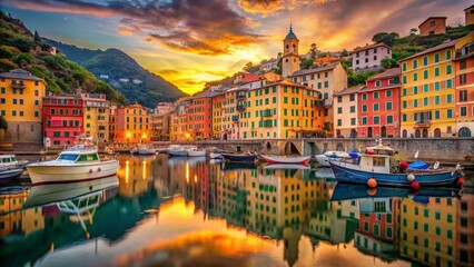 Obraz premium Charming Italian Coastal Village: Picturesque Camogli Harbor at Sunset