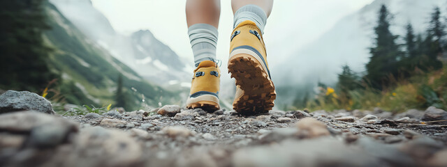 Outdoor walking boots on trail hiking on top of rocky peak panorama. Snowy mountain landscape. Climber on summit. Active lifestyle, climbing, extreme sport concept. Background travel tourism vacations