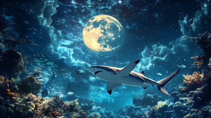 Obraz premium An alternative to the stream reef shark concept / a totally different approach to the stream mainstream leader background. Moonstream. Illustration