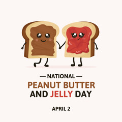 National Peanut Butter and Jelly Day. Cute cartoons of toast holding each other hands.