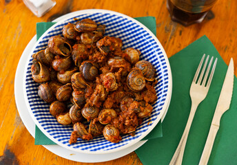 Delicacy snails with minced meat and tomatoes. Mediterranean dish