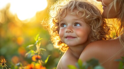 Fototapeta premium A joyful child gazes upwards, embraced by a loving adult in a sunlit, flower-filled setting.