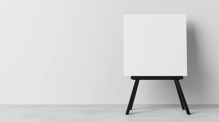 Minimalist blank canvas on a black easel against a white wall, symbolizing creativity and artistic expression in a modern environment.