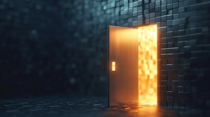 A glowing door with golden light against a textured, dark abstract wall