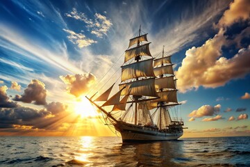 Obraz premium Classic Sailing Ship Goelette Marie Galante at Sea, Rule of Thirds Composition