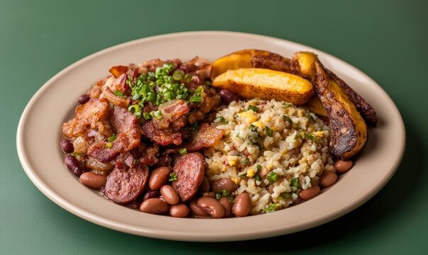 Savory feijao tropeiro featuring beans, rice, sausage, and plantains served on a beige plate with a green backdrop