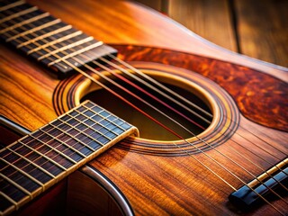 Obraz premium Close-up Acoustic Guitar Detail: Wood Grain, Strings, and Soundhole