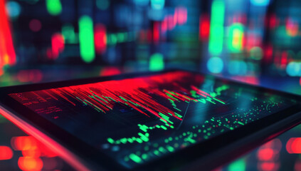 Obraz premium Monitor tablet stock market graph in red trading with crisis bearish market 