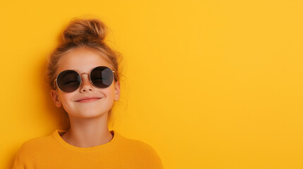 Fototapeta premium Cheerful young girl wearing stylish sunglasses smiling against a vibrant yellow background expressing joy and confidence