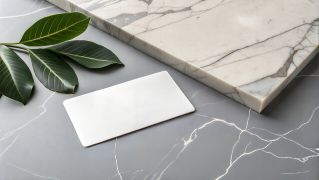 Glossy finish business card mockup on marble surface with green leaves