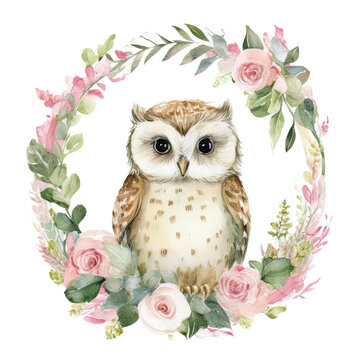 Cute Owl in Floral Wreath - Whimsical Illustration for Nursery D&eacute;cor, Greeting Cards, and Nature-Inspired Designs