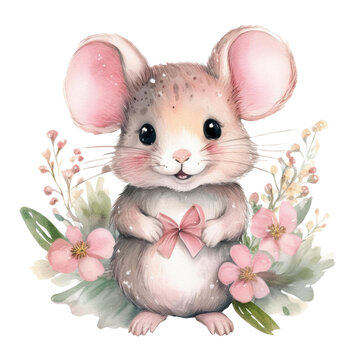 Cute Floral Mouse with Flowers - Whimsical Illustration for Nursery D&eacute;cor, Greeting Cards, and Spring Designs