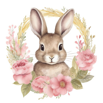 Cute Bunny in Floral Wreath - Perfect for Spring Designs, Nursery D&eacute;cor, and Easter Projects