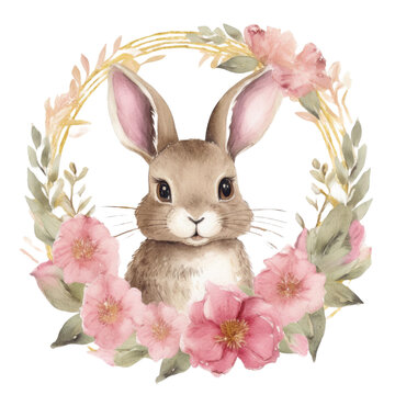 Bunny in Floral Wreath - Whimsical Illustration for Spring Designs, Nursery D&eacute;cor, and Greeting Cards